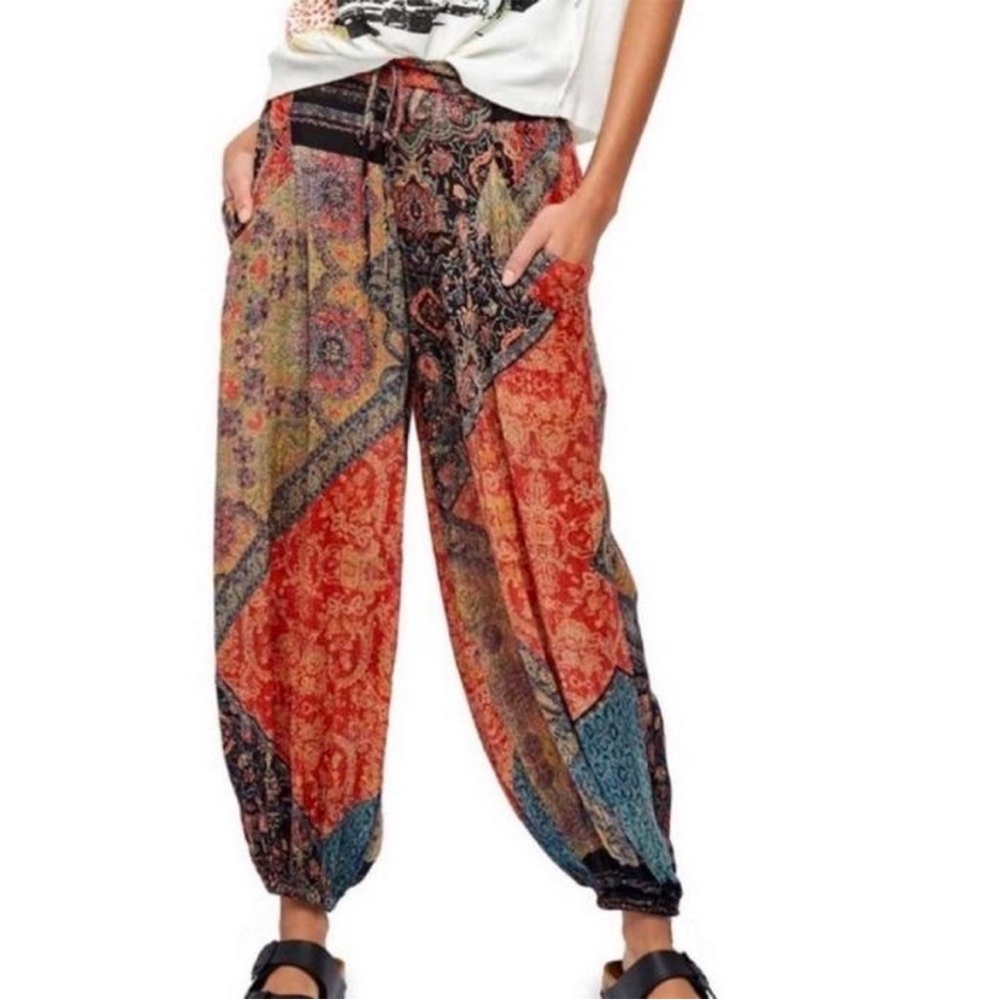Boho Patchwork Elastic-Waist Pants - Red Multi